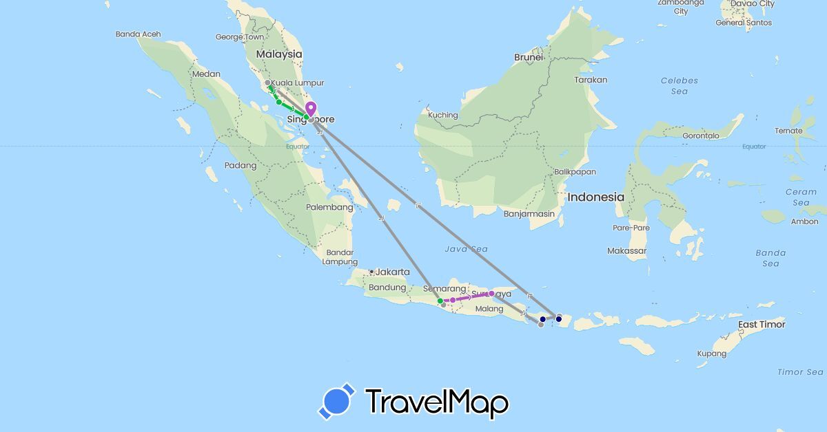 TravelMap itinerary: driving, bus, plane, train in Indonesia, Malaysia, Singapore (Asia)